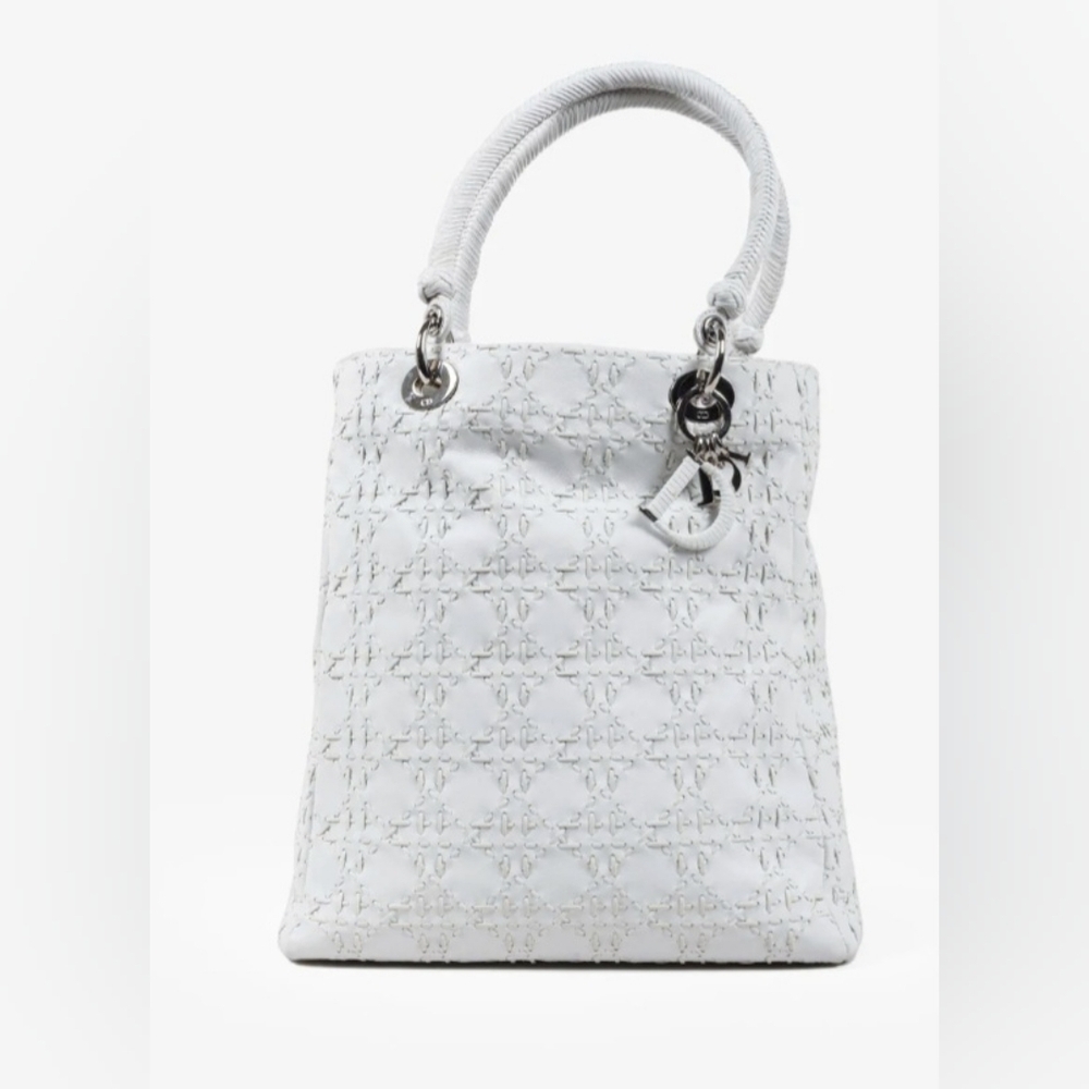 Authentic Christian Dior White Lambskin Stitched Woven Lady Dior Tote